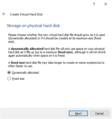The VirtualBox Create Virtual Hard Disk window 3