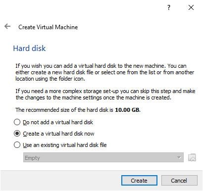 The VirtualBox Create Hard Disk window 1