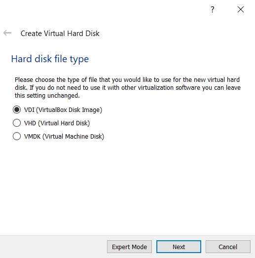 The VirtualBox Create Virtual Hard Disk window 2